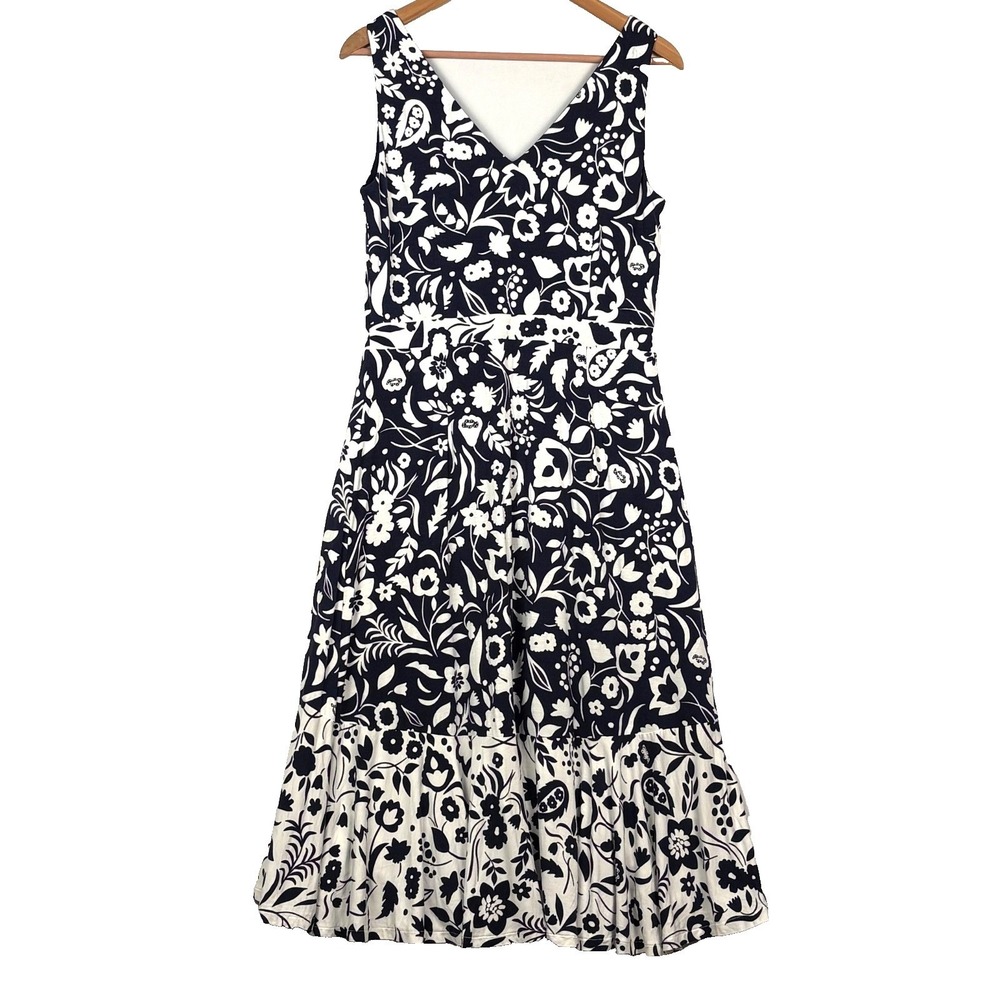 Boden Women Sleeveless Midi Dress Sz 8R Navy/ White floral Hi-low Ruffle Party - Picture 5 of 16